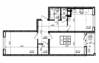 Двухкомнатная квартира 60.67 м²